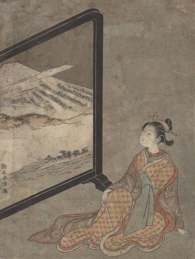 Giovane donna con una pipa in mano che guarda il paesaggio dipinto su uno schermo da Suzuki Harunobu