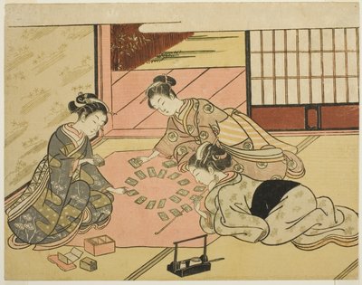 Giovani donne che giocano a carte poetiche da Suzuki Harunobu