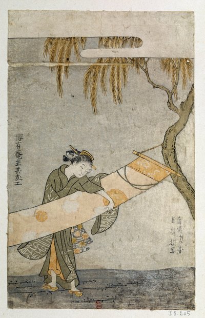 Giovane donna che cura un kakemono attaccato a un albero da Suzuki Harunobu