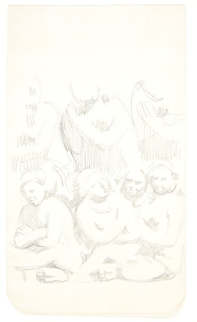 Gruppo con figure sedute con le braccia incrociate in primo piano. Foglio di studio dopo rilievi a Borobudur, Giava. da Svend Rathsack
