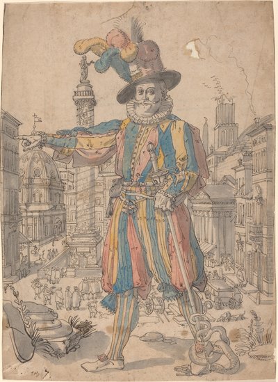 Giovanni Grosso delle Guardie Svizzere davanti a una vista di Roma da Swiss 17th Century after Francesco Villamena
