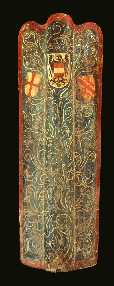 Raro pavese svizzero di legno coperto con tela dipinta a gesso di design di fogliame verde e gli stemmi di Asburgo, la Lega di San Giorgio e la città di Winterthur, c.1445 da Swiss School