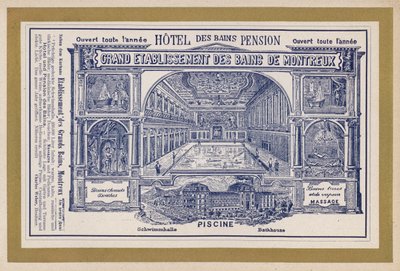 Pubblicità per il Grand Etablissement Des Bains De Montreux (incisione) da Swiss School