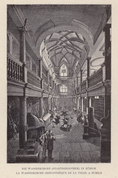 La Wasserkirche, Biblioteca della città, a Zurigo (incisione) da Swiss School