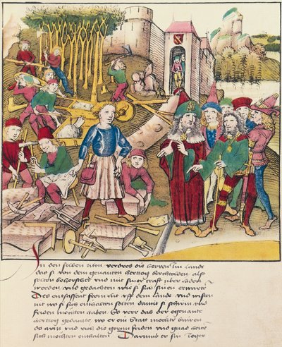 Fondazione della città di Berna nel 1191, miniatura dalla Spiezer Bilderchronik, Svizzera da Swiss School