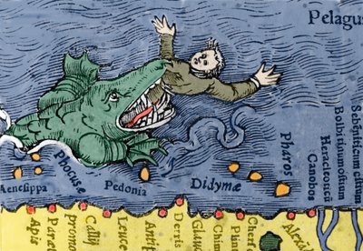 Mostro marino che mangia un umano, illustrazione da 