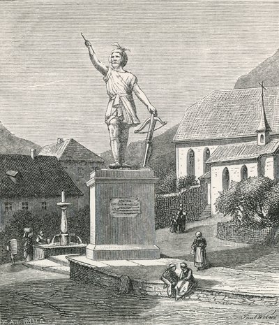 Statua di Tell ad Altorf, vicino al luogo dove si dice abbia colpito la mela sulla testa del figlio da Swiss School
