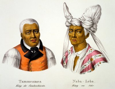 Tammeamea, re delle Isole Sandwich, in abito europeo con Naba-Leba, re di Solor, in copricapo nativo e abito europeo, da Studio etnologico di vari tipi razziali di vari continenti da Swiss School