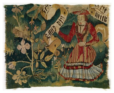 Frammento di arazzo raffigurante Albero e Donna con Pergamena da Swiss School
