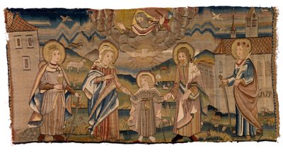 Pannello di arazzo raffigurante Santa Barbara, la Vergine Maria, la Santissima Trinità, San Giuseppe e Santa Caterina o Incarnazione con Sante Barbara e Caterina da Swiss School