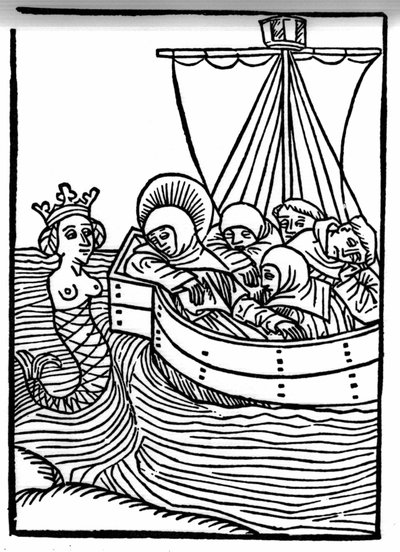 La leggenda di San Brendan (Brandano), eroe e santo irlandese del VI secolo. Tutti i monaci si addormentano al canto delle Sirene. Incisione di "Die Wunderbare Meerfahrt des Hl. Brandan." Bale da Swiss School