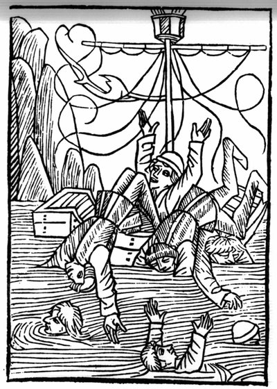 La leggenda di San Brendan (Brandan), eroe e santo irlandese del VI secolo. Le navi affondano nel Mare di Cleves. Incisione di 