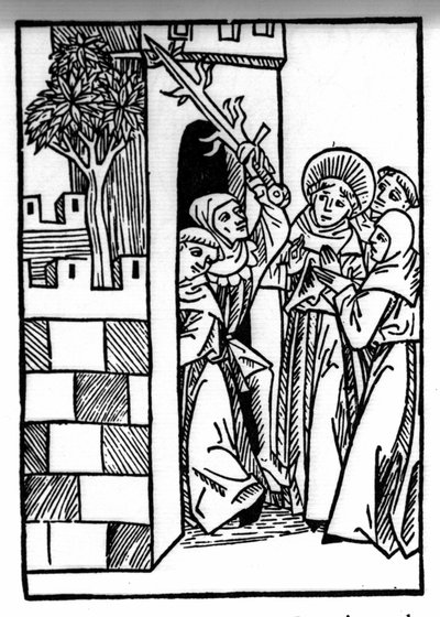 La leggenda di San Brendan (Brandano), eroe e santo irlandese del VI secolo. Uno dei monaci è imprigionato. Incisione di "Die Wunderbare Meerfahrt des Hl. Brandan." Bale da Swiss School