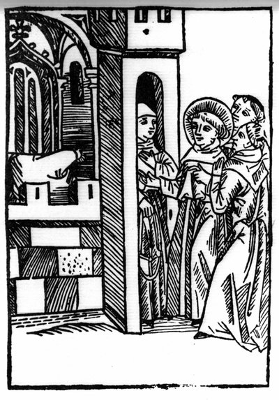 La leggenda di San Brendan (Brandan), eroe e santo irlandese del VI secolo. Uno dei monaci ruba un calice. Incisione di 