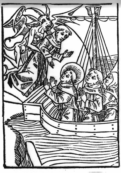 La leggenda di San Brendan (Brandan), eroe e santo irlandese del VI secolo. La preghiera di San Brandan salva il monaco peccatore. Incisione di 