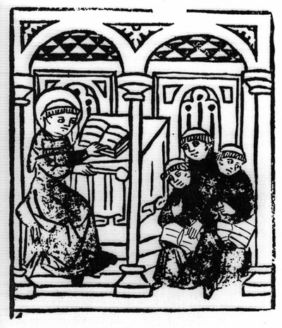 La leggenda di San Brendan (Brandano), eroe e santo irlandese del VI secolo. Il santo racconta le meraviglie del mare ai suoi confratelli del monastero. Incisione di "Die Wunderbare Meerfahrt des Hl. Brandan." Bale da Swiss School