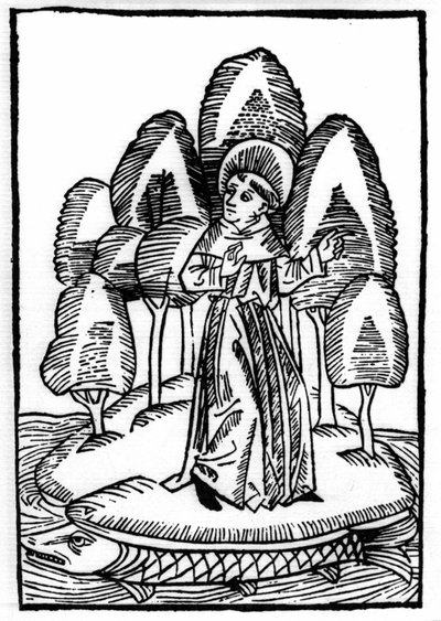 La leggenda di San Brendan (Brandan), eroe e santo irlandese del VI secolo. Il santo è su una foresta sul dorso di un pesce. Incisione di 