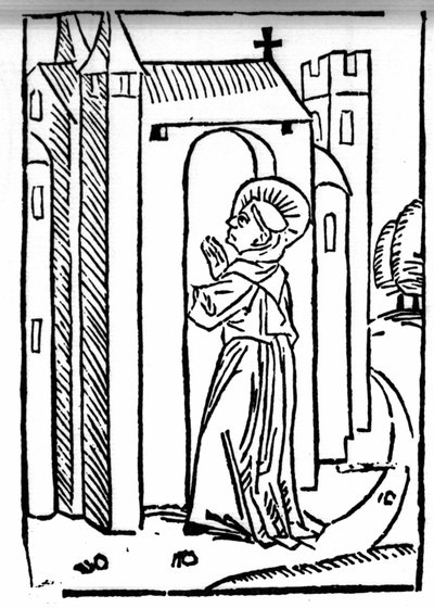 La leggenda di San Brendan (Brandan), eroe e santo irlandese del VI secolo. Il ritorno del santo al suo monastero. Incisione di 