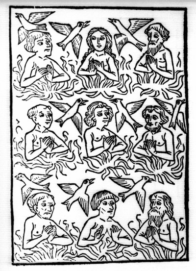 La leggenda di San Brendan (Brandan), eroe e santo irlandese del VI secolo: i fuochi del Purgatorio e gli uccelli di fuoco. Incisione di 