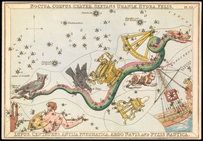 Noctua, Corvus, Crater, Sextans Uraniae, Hydra, Felis, Lupus, Centaurus, Antilia Pneumatica, Argo Navis e Pysix Nautica, c.1825 da Sydney Hall