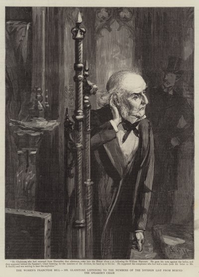 Il disegno di legge sul suffragio femminile, Mr Gladstone ascolta i numeri della lista di divisione dietro la sedia dello Speaker da Sydney Prior (after) Hall