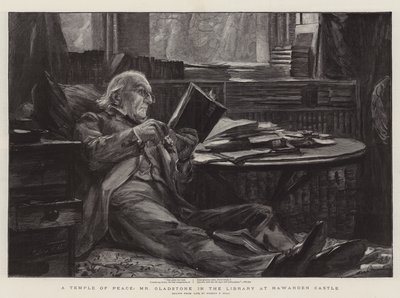 Un Tempio della Pace, Mr Gladstone nella Biblioteca del Castello di Hawarden da Sydney Prior Hall