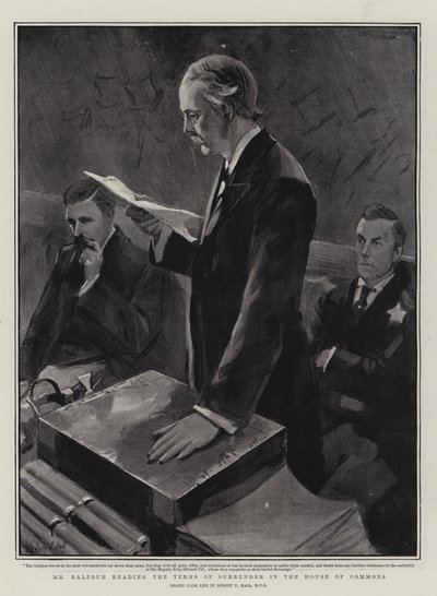 Il signor Balfour legge i termini della resa alla Camera dei Comuni da Sydney Prior Hall