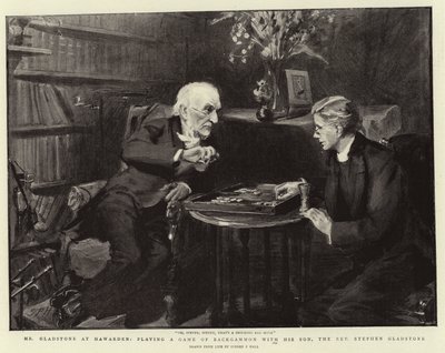 Mr Gladstone a Hawarden, che gioca a backgammon con suo figlio, il reverendo Stephen Gladstone da Sydney Prior Hall
