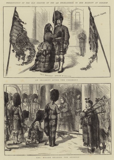 Presentazione dei vecchi colori del 79° Highlanders a Sua Maestà a Osborne da Sydney Prior Hall