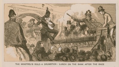 Ricordi di una gara di barche Oxford e Cambridge: Il Dole del menestrello - un cosciotto; pranzo sulla riva dopo la gara da Sydney Prior Hall