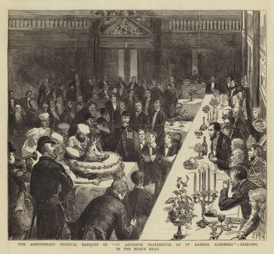 Il banchetto del festival anniversario della Fraternità Antica di Rahere Almoners, portando la testa di cinghiale da Sydney Prior Hall