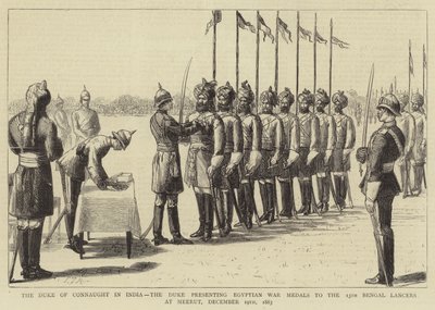 Il Duca di Connaught in India, il Duca che presenta le medaglie della guerra egiziana ai 13° Lancieri del Bengala a Meerut, 19 dicembre 1883 da Sydney Prior Hall