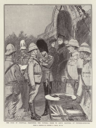 Il Duca di Cornovaglia presenta la Victoria Cross al tenente Maxwell a Pietermaritzburg da Sydney Prior Hall