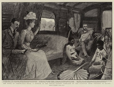 Il Tour del Duca di Cornovaglia, uno Schizzo nel Vagone Reale sulla Ferrovia da Colombo a Kandy da Sydney Prior Hall
