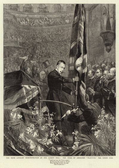 La dimostrazione lealista irlandese alla Albert Hall, il Duca di Abercorn pianta la Union Jack da Sydney Prior Hall
