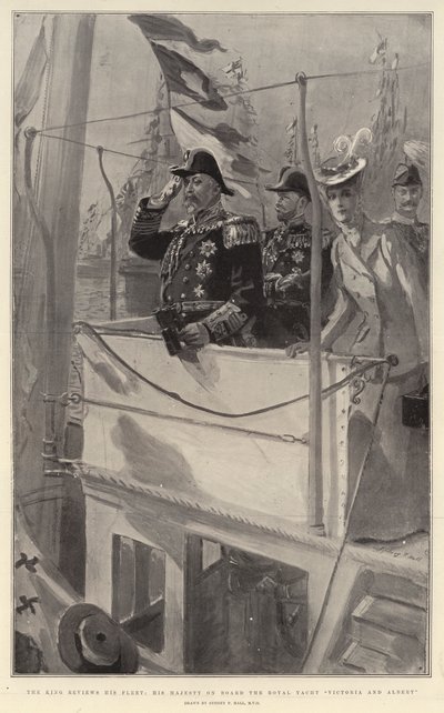Il re passa in rassegna la sua flotta, Sua Maestà a bordo dello yacht reale Victoria e Albert da Sydney Prior Hall