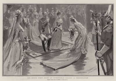 La prima corte del re a Buckingham Palace, una presentazione da Sydney Prior Hall