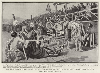 La dimostrazione Maori davanti al Duca e alla Duchessa di Cornovaglia a Rotorua, Capi che presentano doni da Sydney Prior Hall