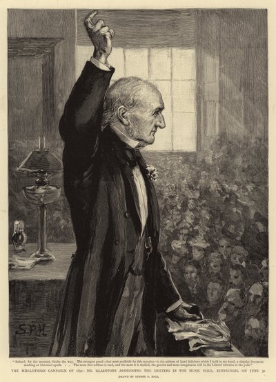 La campagna di Mid-Lothian del 1892, Mr Gladstone che si rivolge al pubblico nella Music Hall di Edimburgo, il 30 giugno da Sydney Prior Hall