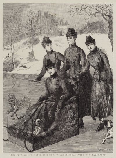 La principessa del Galles in slitta a Sandringham con le sue figlie da Sydney Prior Hall