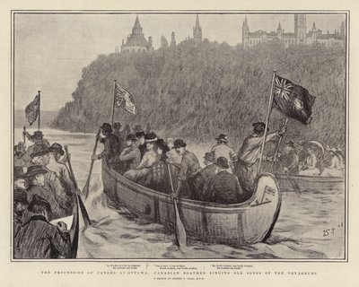 La processione delle canoe a Ottawa, i barcaioli canadesi cantano vecchie canzoni dei voyageurs da Sydney Prior Hall