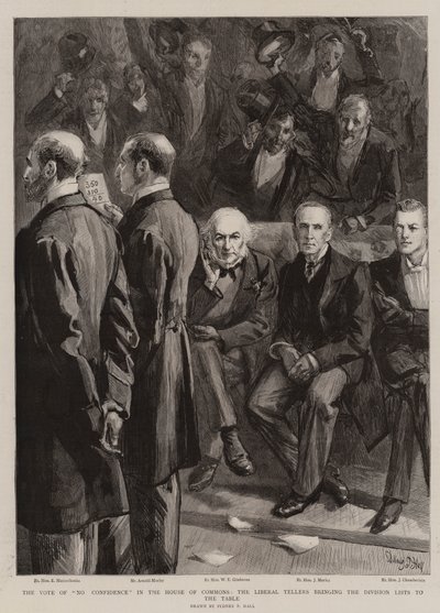Il voto di sfiducia alla Camera dei Comuni, i contatori liberali che portano le liste di divisione al tavolo da Sydney Prior Hall
