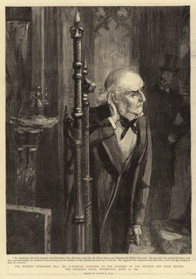 Il Disegno di Legge sul Suffragio Femminile, Mr Gladstone ascolta i Numeri della Lista di Divisione da dietro la Sedia del Presidente, Mercoledì, 27 Aprile 1892 da Sydney Prior Hall