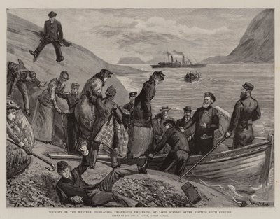 Turisti nelle Highlands occidentali, passeggeri che imbarcano a Loch Scavaig dopo aver visitato Loch Coruisk da Sydney Prior Hall