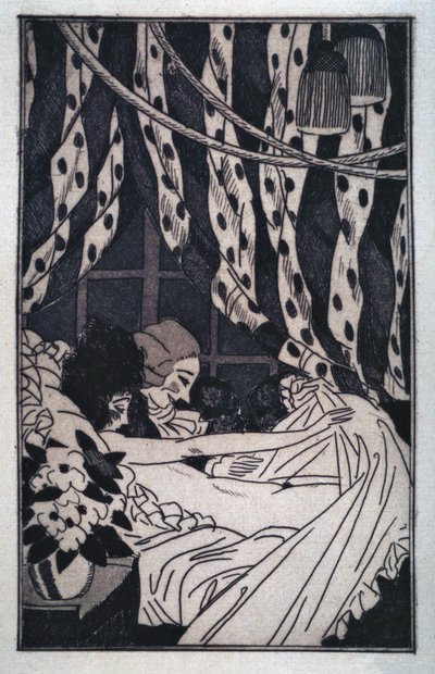 Erotismo: Giacomo Casanova solleva le lenzuola per contemplare la sua amante nuda, inizio XX secolo (incisione) da Sylvain Sauvage