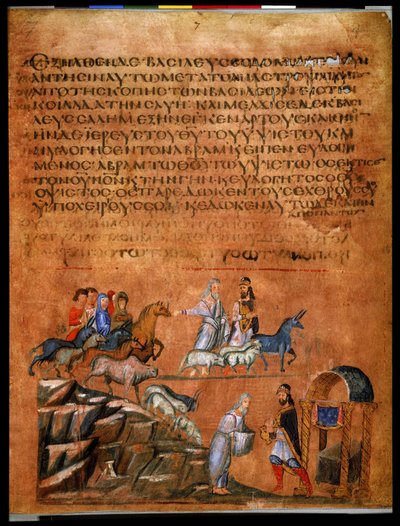 Pagina intera: testo e miniatura: Abramo e Bera di Sodoma (miniatura su pergamena) da Syrian School