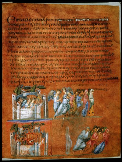 Pagina intera: testo e miniatura: Salvataggio di Lot (miniatura su pergamena) da Syrian School