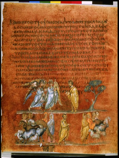 Pagina intera: testo e miniatura: due angeli messaggeri riferiscono l