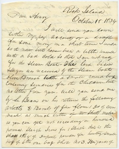Lettera firmata T.F. Smith, Rock Island, a Henry Chouteau, St. Louis, Mo., 18 ottobre 1834 da T.F. Smith