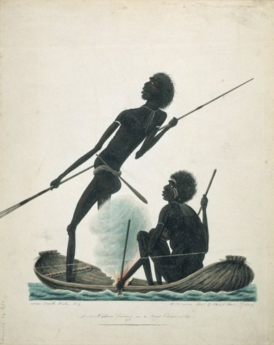 Nativi che pescano in una canoa di corteccia, 1819 da T.R. Browne